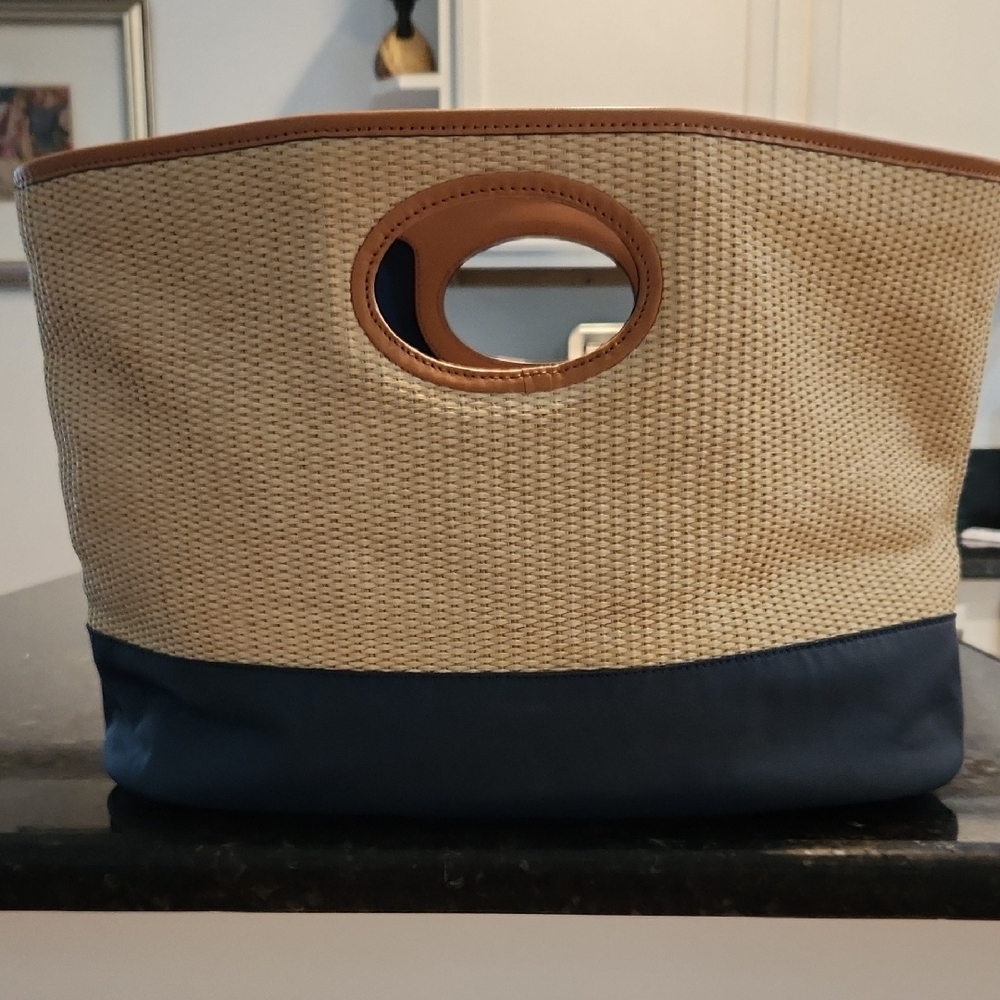 Tory Burch Tan and Blue Color Block Tote